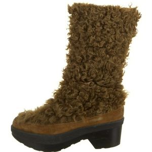 Robert Clergerie Fur Mid-Calf Boots Brown Suede Trim Round-Toes Block Heels